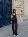 Summer Women's V-Neck Sleeveless Polka Dot Wide-Leg Pants Slim-Waist Two-Piece Set