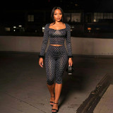 Women Autumn Wide-Neck Polka Dot Print Fur Patchwork Long-Sleeved Crop Top and Capri Pants Two-Piece Set