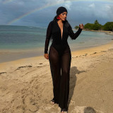 Women Mesh Patchwork See-Through Solid Headscarf V Neck Long-Sleeved Jumpsuit