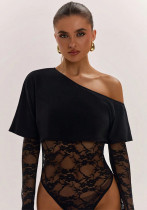 Women Autumn Lace Patchwork Long-Sleeved Bodysuit Women Autumn Lace Patchwork Long-Sleeved Bodysuit