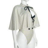 Women Autumn Houndstooth Bodysuit and Top with Patchwork Cape Two-Piece Set
