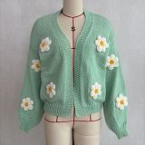 Women Plush Daisy Knitting V-Neck Top Sweaters