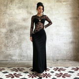 Women Sexy Lace See-Through Long Sleeve Ruffled Bodycon Dress
