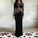 Women Sexy Lace See-Through Long Sleeve Ruffled Bodycon Dress