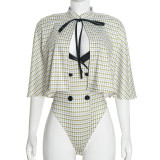 Women Autumn Houndstooth Bodysuit and Top with Patchwork Cape Two-Piece Set