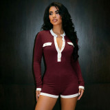 Women Autumn Button-Blocked Color-Blocked Long-Sleeved Romper