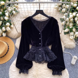 Women Long-Sleeve Patchwork Lace Shirt Top