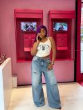 Women's Streetwear Ripped Drawstring Washed Denim Pants