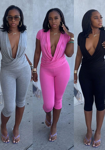 Women's Deep V Cross-Wrap Short-Sleeve Top and High-Waisted Cropped Pants Two-Piece Set