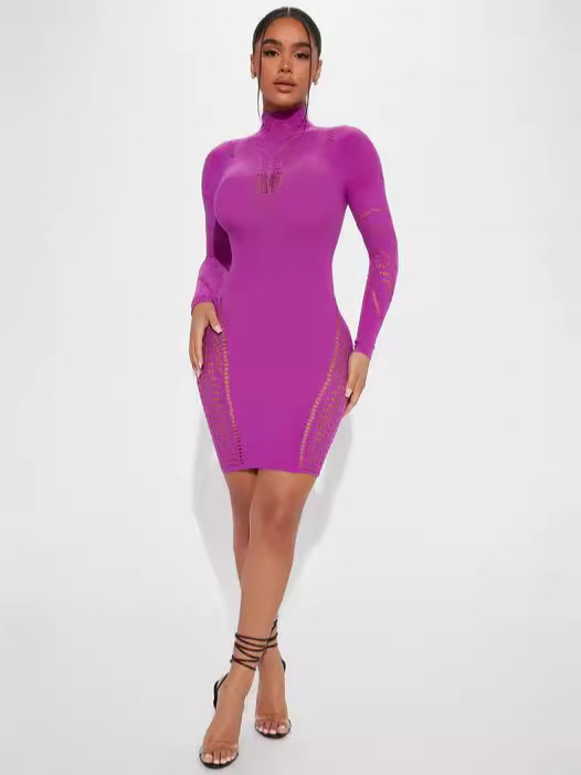 High-Neck Hollow-Out See-Through Long-Sleeve Dress for Summer Clubwear