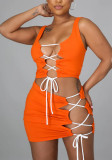 Women Summer Sexy Solid Lace-Up Hollow-Out Top and Skirt Two-Piece Set