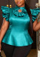 Women Summer Sexy Flutter Sleeve Pearl Round Neck Shirt Top