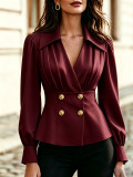 Women V-Neck Cross Pleated Long Sleeve Shirt Top