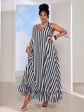Women Summer Striped Holidays Sleeveless Beach Ruffle Edge Maxi Dress