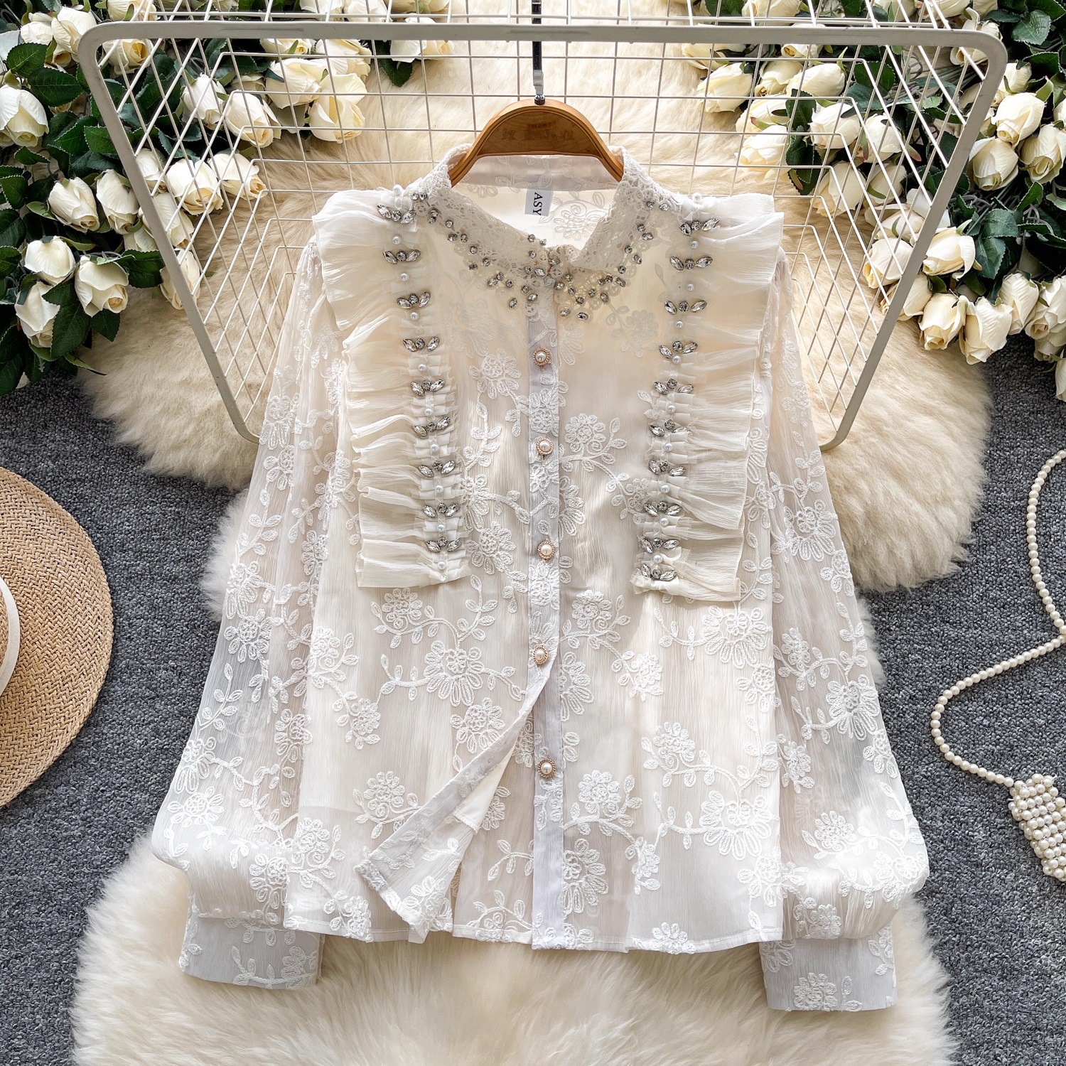 Embroidered Beaded Long-Sleeve Mesh Shirt Top for Autumn