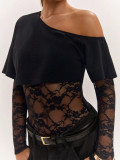Women Autumn Lace Patchwork Long-Sleeved Bodysuit