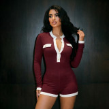 Women Autumn Button-Blocked Color-Blocked Long-Sleeved Romper
