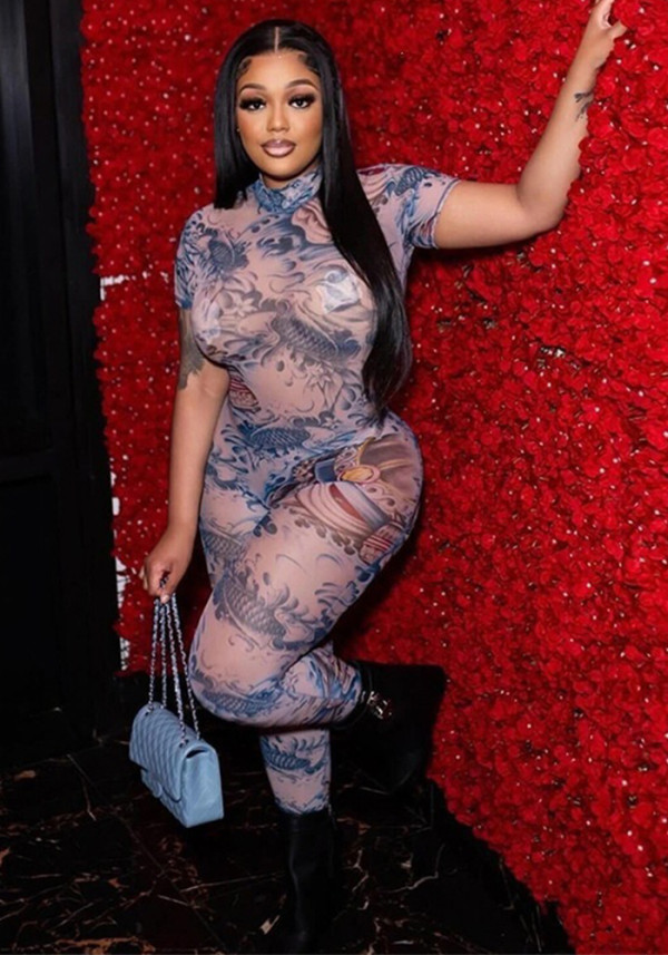 Women Summer Sexy Backless Print See-Through Mesh Jumpsuit