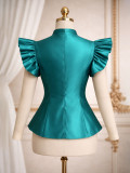 Women Summer Sexy Flutter Sleeve Pearl Round Neck Shirt Top