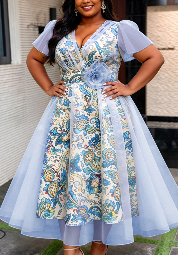 Plus Size Women Printed Mesh Patchwork V-Neck Puff Sleeve Floral Dress
