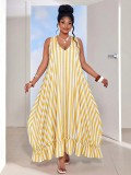 Women Summer Striped Holidays Sleeveless Beach Ruffle Edge Maxi Dress