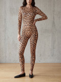 Women's Leopard Print Long-Sleeve Tight-Fitting Slim-Fit Jumpsuit