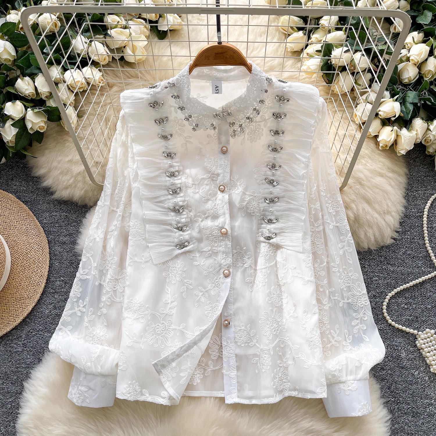 Embroidered Beaded Long-Sleeve Mesh Shirt Top for Autumn