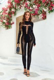 Women Autumn Patchwork Solid Sexy Hollow-Out Long-Sleeve Jumpsuit