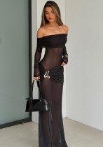 Women's Off-Shoulder See-Through Ruched Slim-Fit Bodycon Long Dress Women's Off-Shoulder See-Through Ruched Slim-Fit Bodycon Long Dress