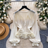 Women Long-Sleeve Patchwork Lace Shirt Top