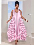 Women Summer Striped Holidays Sleeveless Beach Ruffle Edge Maxi Dress