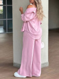 Autumn Women's Solid-Color Casual Turndown Collar Button-Front Shirt and High-Waisted Button-Pocket Wide-Leg Pants Set