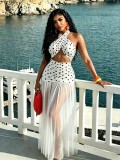 Women See-Through Mesh Beach Holidays Sexy Polka Dot Halter Neck Maxi Dress