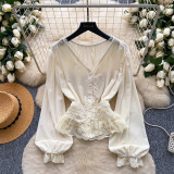 Women Long-Sleeve Patchwork Lace Shirt Top