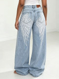 Women's Fashionable Large Wing Print Washed Denim Pants