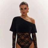 Women Autumn Lace Patchwork Long-Sleeved Bodysuit