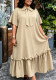 Plus Size Women's Yellow Lace-up Stand Collar Short-Sleeve A-Line Ruffle-Hem Dress