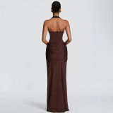 Women Sexy Halter Neck Strapless Ribbon Maxi Dress