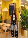 Women's Washed Gradient Beaded High-Waisted Wide-Leg Denim Pants