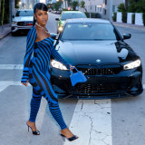 Women Autumn Striped Long-Sleeved Shawl with Sexy Strapless Top and Jumpsuit Two-Piece Set