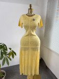 Women's Pearl-Embellished Short-Sleeve Knitted Slim-Waist Pleated Chic Maxi Dress