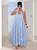 Women Summer Striped Holidays Sleeveless Beach Ruffle Edge Maxi Dress