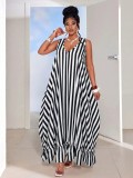 Women Summer Striped Holidays Sleeveless Beach Ruffle Edge Maxi Dress