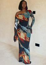 Women Printed Asymmetrical Slash Shoulder One-Shoulder Long-Sleeve Bodycon Dress Women Printed Asymmetrical Slash Shoulder One-Shoulder Long-Sleeve Bodycon Dress