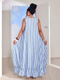 Women Summer Striped Holidays Sleeveless Beach Ruffle Edge Maxi Dress