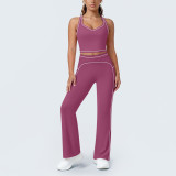 Women Color-Blocked Striped Tank Top and Wide-Leg Pant Yoga Fitness Two-Piece Set