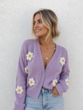 Women Plush Daisy Knitting V-Neck Top Sweaters