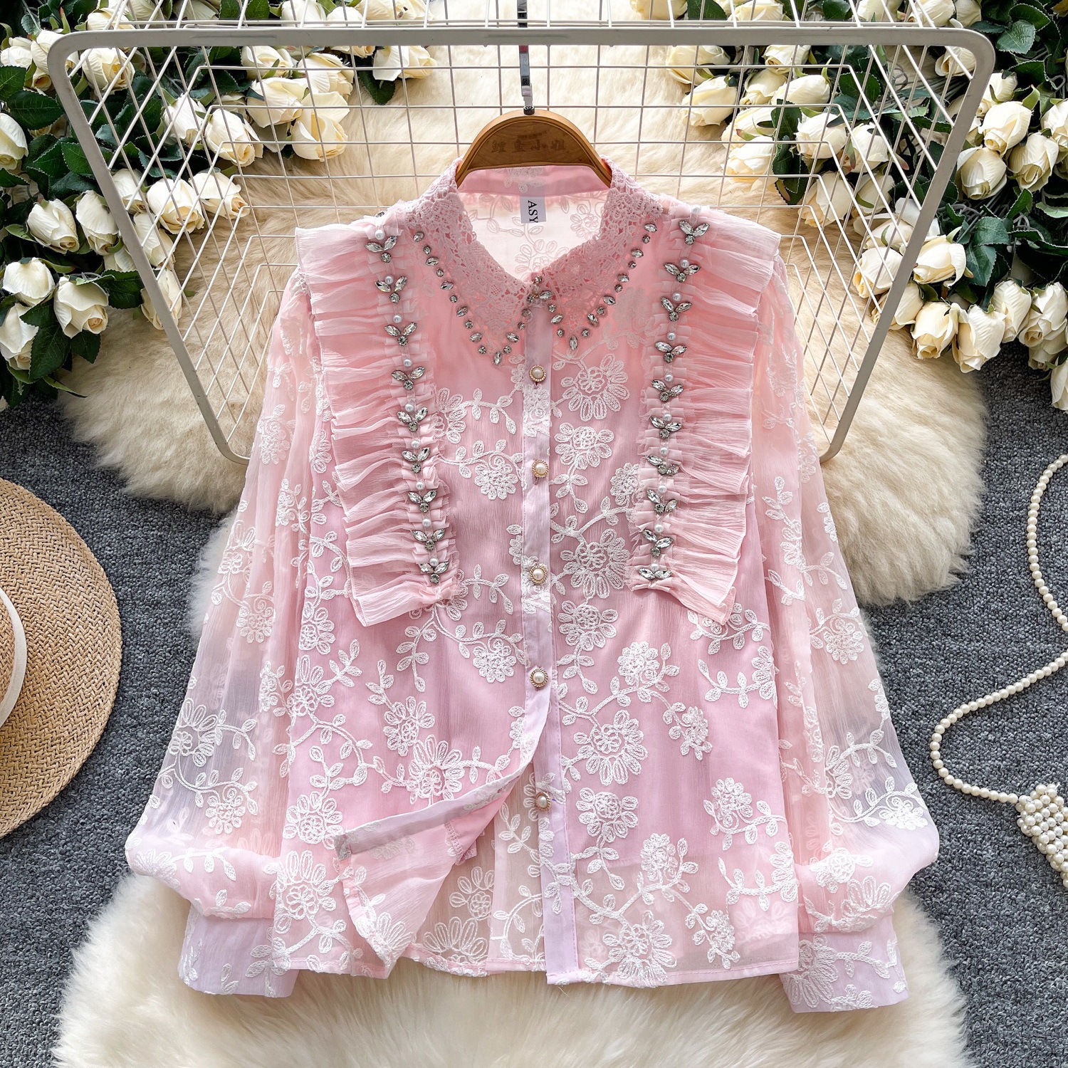 Embroidered Beaded Long-Sleeve Mesh Shirt Top for Autumn