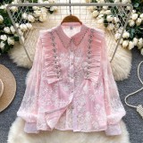 Women Autumn Embroidered Beaded Long-Sleeve Mesh Shirt Top