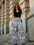 Women's Streetwear Plaid Ripped Patchwork Washed Denim Pants